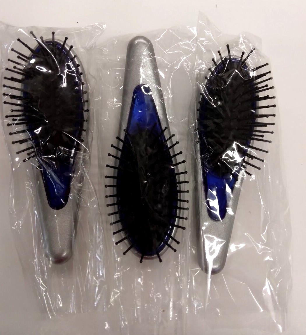 (Box of 12) ~ HAYASHI Cushioned Small Palm Size TRAVEL BRUSH ~ (Silver & Blue)